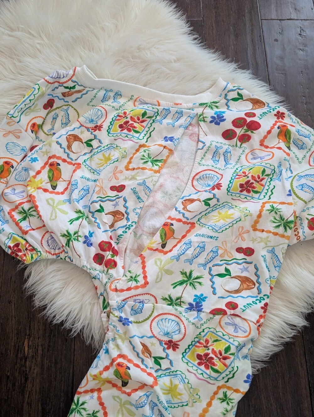 Celandine Cutout T-Shirt Mini Dress Tropical Sardine Tomato Summer Print L Large - Picture 7 of 8